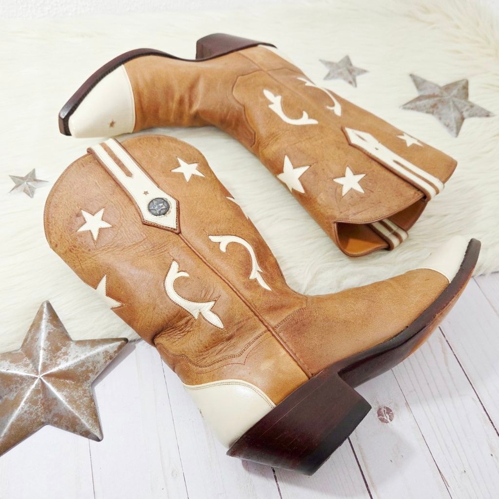 JB Hill custom made western boots tan bone ivory star cutout snip toe size 8.5
